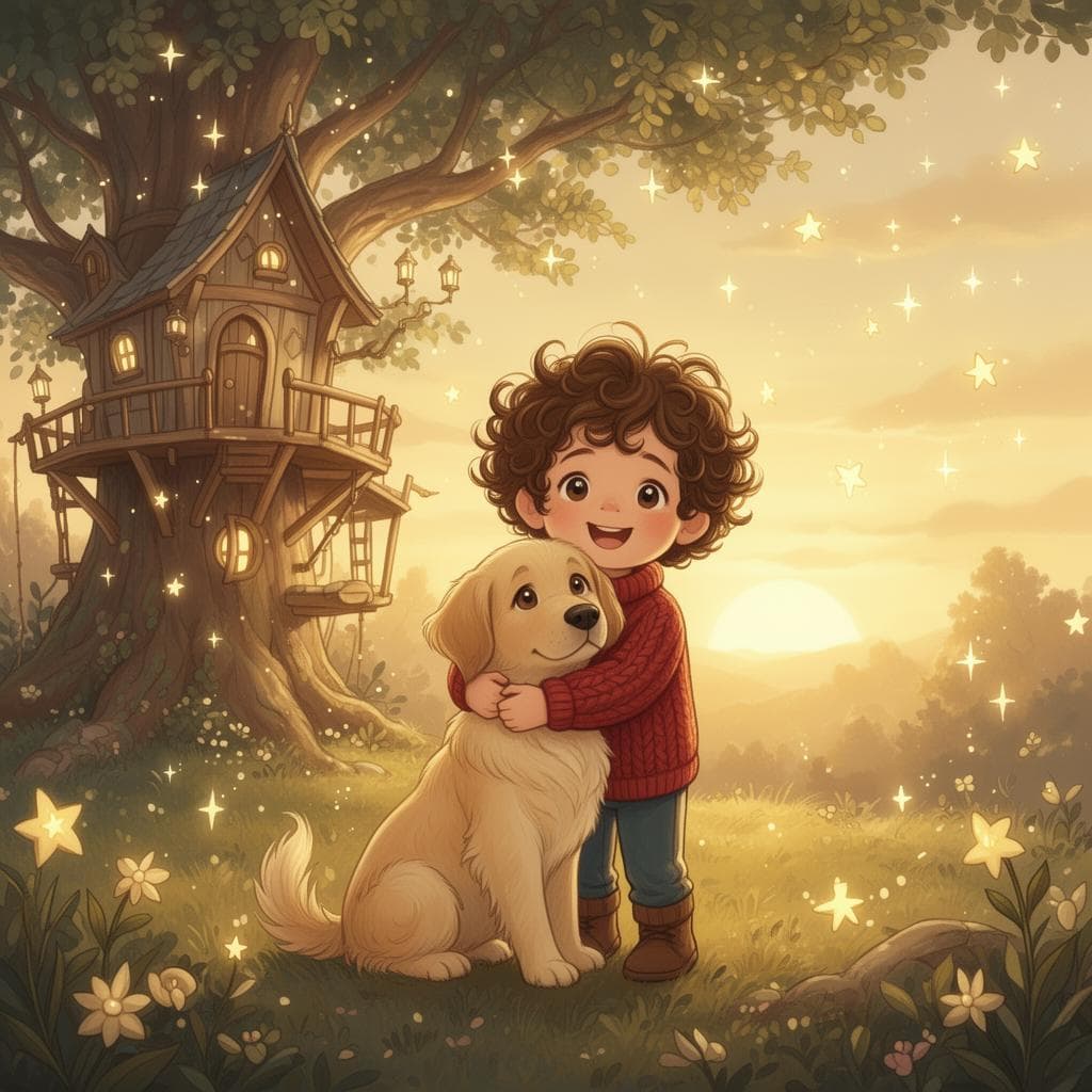 Magical storybook illustration of a child with their dog
